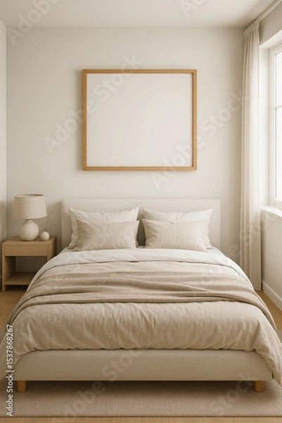 Fototapeta Frame mockup with natural wood frame above bed in minimalist bedroom with soft natural lighting.

