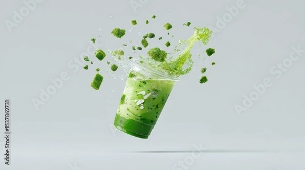 Fototapeta shot of a iced blueberry matcha latte in a plastic cup in the middle of the frame. The cup is floating mid air and is slightly tilted. Simple white studio background.