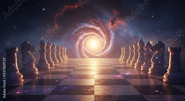 Fototapeta Chess pieces on a board with a galaxy background