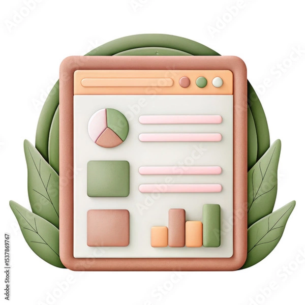 Fototapeta A stylized analytics dashboard displays charts, graphs, and data elements with green and peach tones, framed by leaves to symbolize eco-friendly data insights.