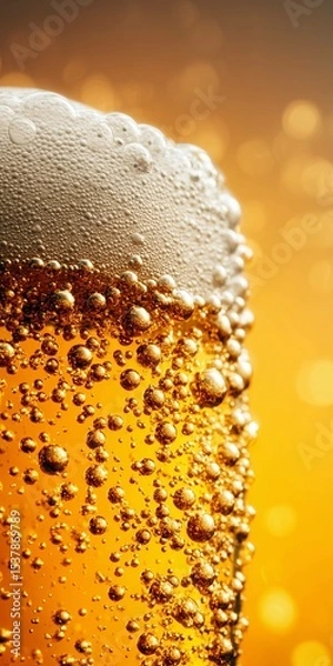 Fototapeta A glass of beer with thick foam and drops of cold condensate on the glass side with yellow background