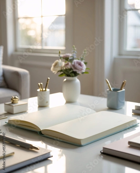 Fototapeta morning desk layout white office surface with stationery and notebook beside large daylight window in home interior interior design wallpaper background