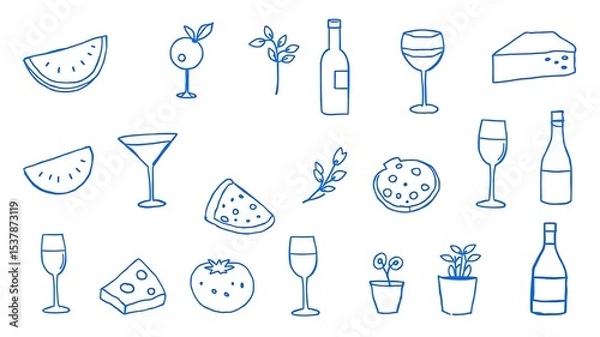 Fototapeta Hand drawn doodle elements illustrating food and beverage with minimalist sketched outline design.