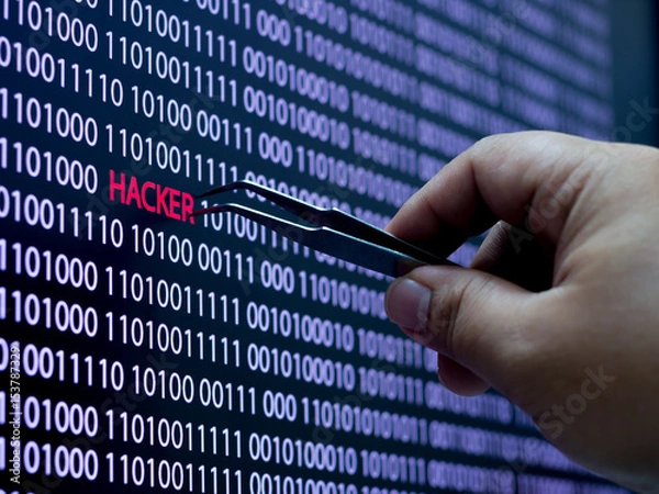 Obraz Computer screen shot with binary code and hacker text, great concept for technology computer and online security