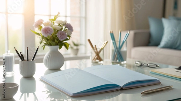 Fototapeta open journal and writing tools laid out on white desk beside bright daylight window in elegant modern office space interior design wallpaper background