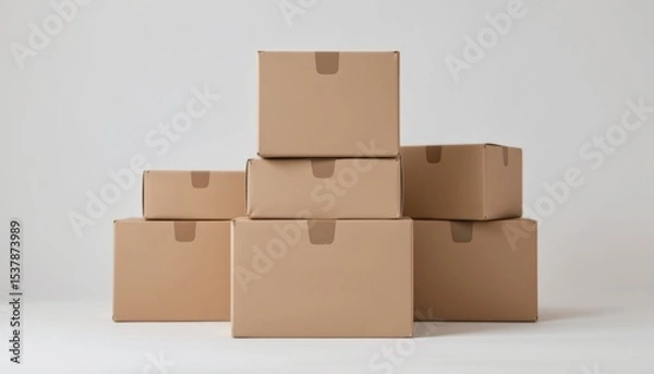 Obraz Stacked brown cardboard boxes on a neutral background.