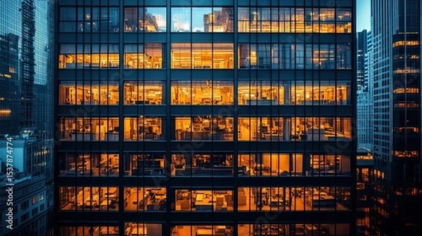 Fototapeta Illuminated Office Building at Night Cityscape Skyscraper Architecture Urban Scene, silhouette