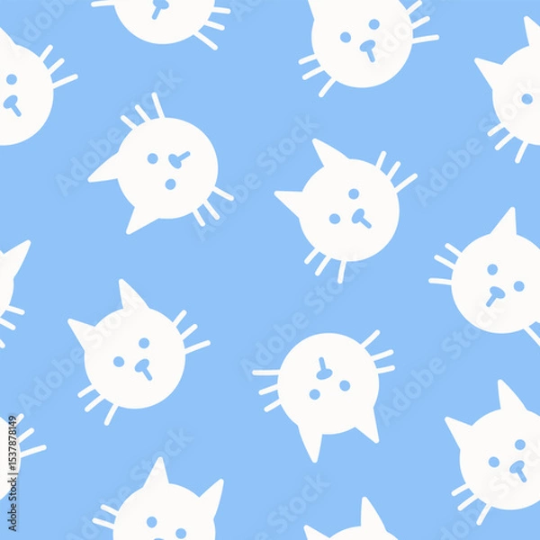 Fototapeta Seamless pattern with cute head cats. Hand drawn fun childish print. Blue and white colors. Vector  illustration