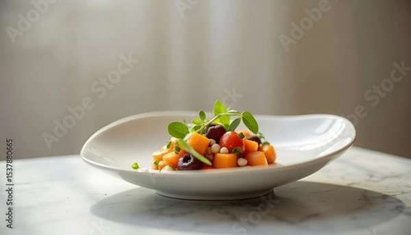 Obraz Butternut squash salad with cherries and sprouts on a white plate