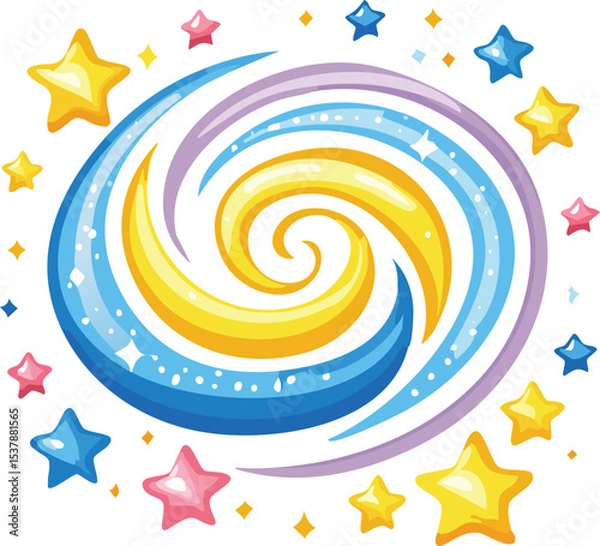 Fototapeta crayon drawing of a swirling galaxy. The galaxy should have shades of blue, light blue, and a yellow-orange center. Add four sparkling stars around the galaxy in yellow and pink