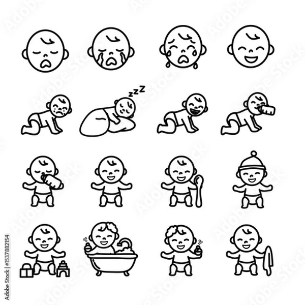 Fototapeta Set of baby icons in simple line art style. Includes crying, sleeping, crawling, feeding, bathing, playing, and various baby activities and emotions
