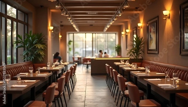 Obraz Elegant restaurant interior with set tables, warm lighting, and blurred figures in the background