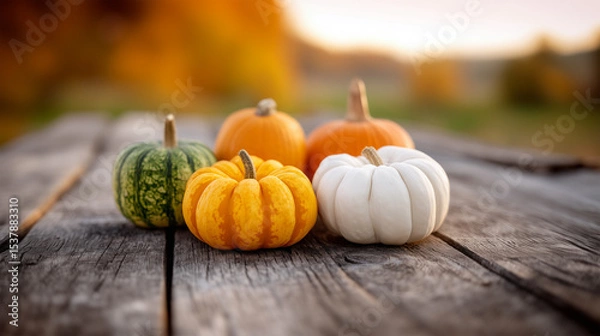 Fototapeta Colorful miniature pumpkins arranged on rustic wooden deck in autumn light