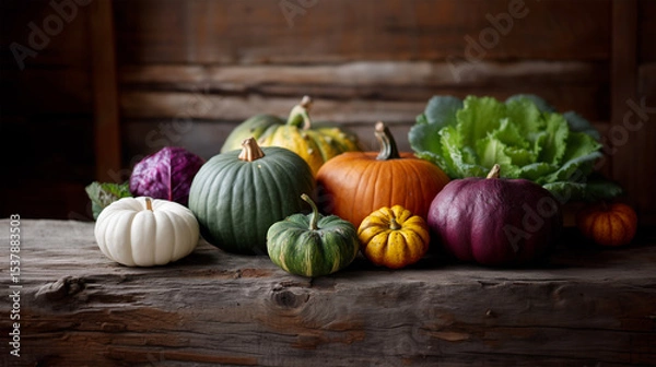 Fototapeta Rustic autumn harvest display featuring colorful pumpkins and fresh vegetables