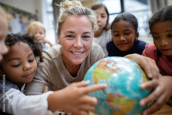 Fototapeta close-up photo of teacher showing globe to curious children from various cultural backgrounds, hands pointing at countries, 