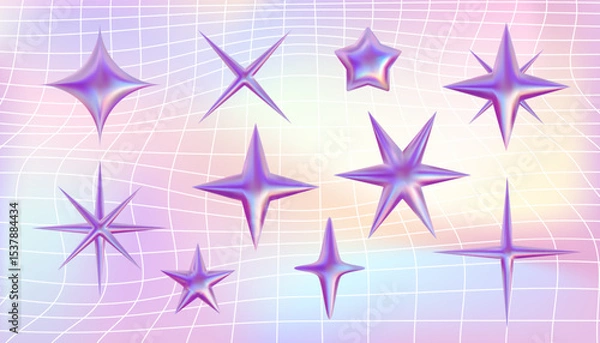 Fototapeta Pink pastel vector 3d twinkle set. Abstract metallic star shape collection, glossy iridescent sparkle bling elements. Y2k stickers, shining galaxy illustration