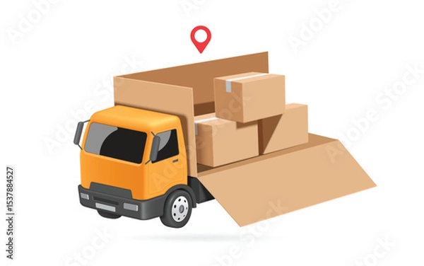 Obraz Yellow truck is arranging parcel boxes or cardboard boxes of goods order by customer online into container, vector 3d illustration isolated for e commerce, delivery, online shopping advertising design