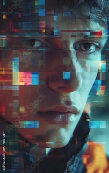 Obraz A close-up of a young man's face digitally fragmented into colorful glitch-like blocks, blending human features with abstract cyber elements.