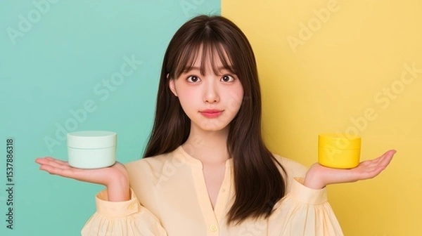 Obraz 両手に容器を持ちどちらか悩む若い女性