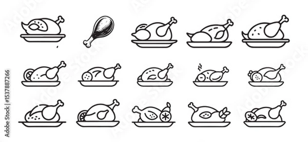 Fototapeta Roast Turkey Line Art Icons Set