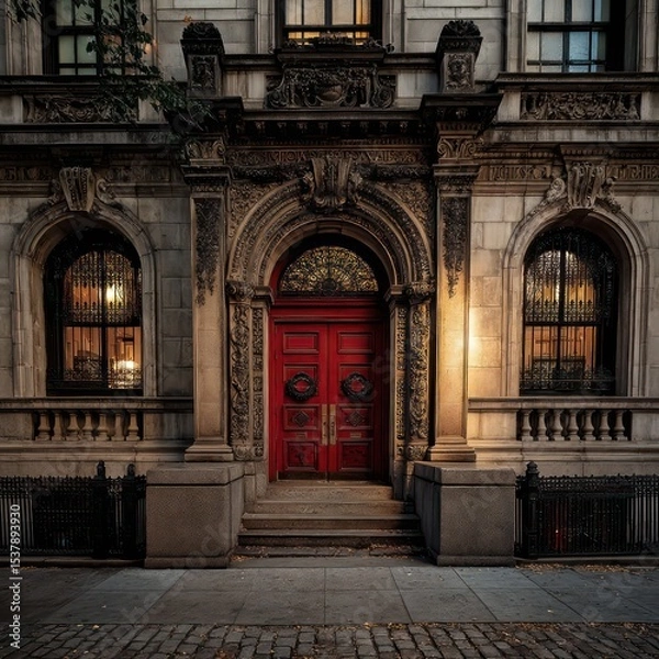 Obraz Ornate historical building facade with a red door and detailed windows, glowing under dusk skies.