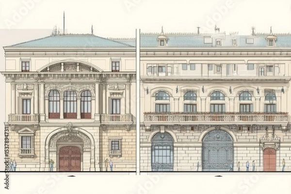 Obraz Detailed illustration of a palace facade renovation, emphasizing the transformation process.