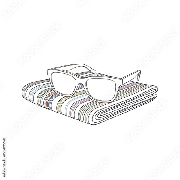 Fototapeta Line Artwork of Sunglasses on Folded Striped Fabric, Retro Style Aesthetic