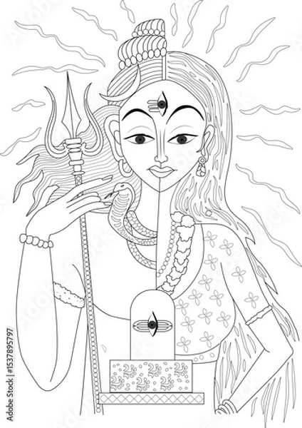 Obraz Ardhanarishvara - Shiva and Parvati Divine Union Line Art, Line art illustration depicting Ardhanarishvara, the composite form of Lord Shiva and Goddess Parvati, symbolizing the synthesis of 