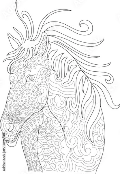 Fototapeta Zentangle Horse Head Illustration, Black and white line art illustration of a horse head filled with intricate zentangle-style patterns, perfect for coloring pages, meditation, and relaxation. Ideal 