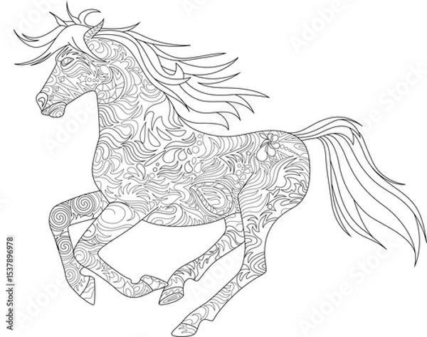 Obraz Abstract Patterned Running Horse Line Art, Detailed black and white line art illustration of a running horse filled with intricate abstract patterns, swirls, and shapes, suitable for adult coloring 