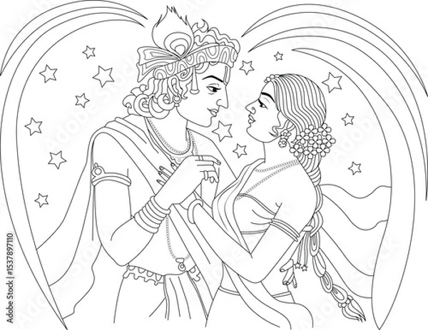 Obraz Radha Krishna Line Art, Line art illustration of the Hindu deities Radha and Krishna, symbolizing divine love and devotion. Ideal for religious themes, coloring pages, or design elements. 