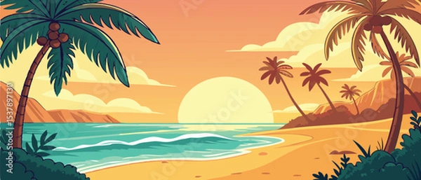 Fototapeta Sunset Over Tropical Ocean Beach with Palms