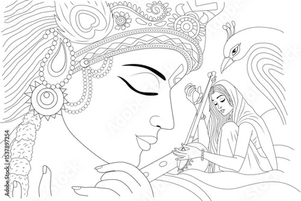 Obraz Lord Krishna Playing Flute with Radha and Peacock - Line Art, A spiritual black and white line art illustration depicting Lord Krishna playing his divine flute, with Radha or a devotee listening 