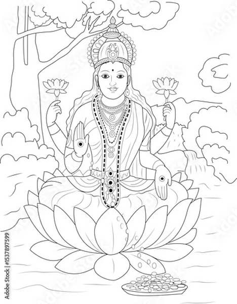 Obraz Hindu Goddess Lakshmi Mata Line Art, Line art illustration of Lakshmi Mata, the Hindu goddess of wealth, prosperity, and fortune. She is depicted seated on a lotus flower, holding lotuses, giving 