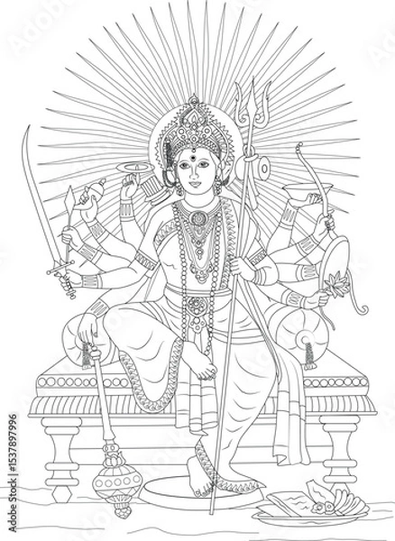 Obraz Hindu Goddess Durga Maa Line Art Drawing, Black and white line art drawing of the Hindu goddess Durga Maa, depicted with multiple arms holding various weapons and symbols, seated on a throne. This 