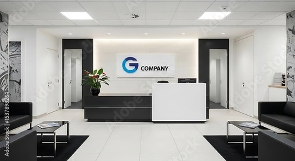 Fototapeta Modern Office Lobby with Reception Desk and Comfortable Seating Area