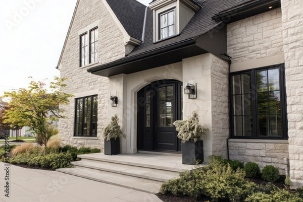 Obraz Large home with a modern black front door and matching doorbell, creating a sleek exterior look.