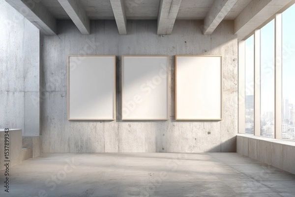 Obraz Open-concept office with large whiteboard frames, polished concrete walls, and minimalist desk.