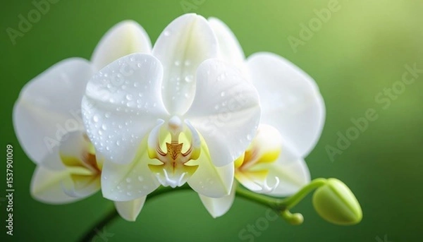 Fototapeta White Orchid in Full Bloom with Dew Drops on a Soft Green Background