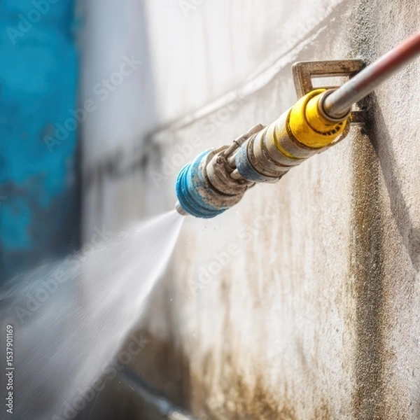 Obraz Exterior walls of a building being cleaned with high-pressure water jets for a fresh finish.