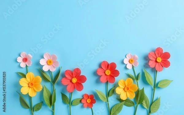 Fototapeta Colorful paper flowers against a blue background.