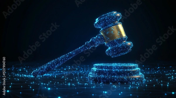 Obraz Digital gavel made of glowing lines and nodes on a dark background with caption space—symbolizing justice, modern law, legal tech, digital governance, and the future of legal systems.

