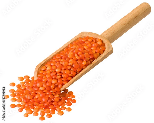 Fototapeta Uncooked red lentils in the wooden scoop, isolated on white background.
