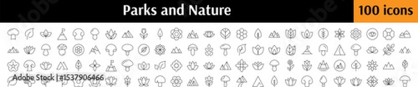 Fototapeta Nature and Parks Icon Collection. Contains Icons of Flowers, Leaves, Mountains, Mushroom for Graphics, Concept, Apps