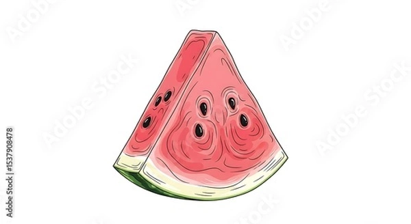 Fototapeta Single watermelon slice showing seeds and rind isolated on white background.