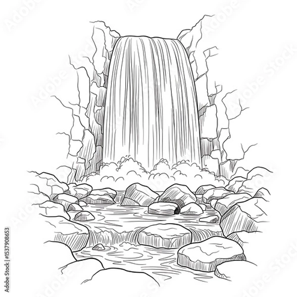 Fototapeta Sketch of waterfall flowing over rocks into stream, nature drawing