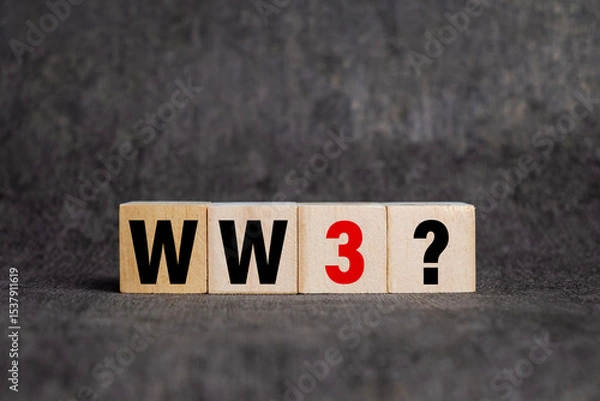 Fototapeta world war 3 with question mark on wooden blocks isolated on dark background