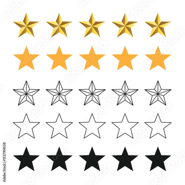 Fototapeta Five stars customer product review icon set, featuring yellow 5 star rating flat icons for apps and websites. Represents quality, customer rating