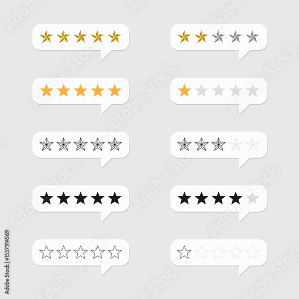 Fototapeta Five star rating, positive feedback style collection. Customer review with five metallic golden stars in speech bubble. Service satisfaction, quality, good rate illustration.