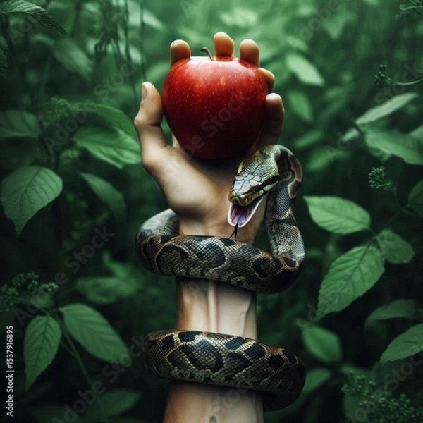Obraz Enticing Red Apple Held in Hand with Two Snakes Lush Green Foliage Background
